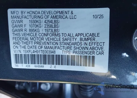 2026 Honda Civic Hybrid Sport Touring from USA, damaged, VIN 19XFL4H91TE003948
